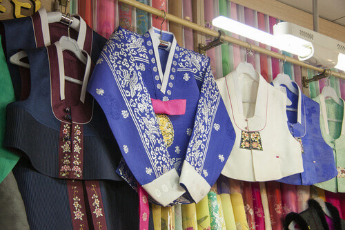 Korean traditional clothes on display in Busanjin Market in South Korea.