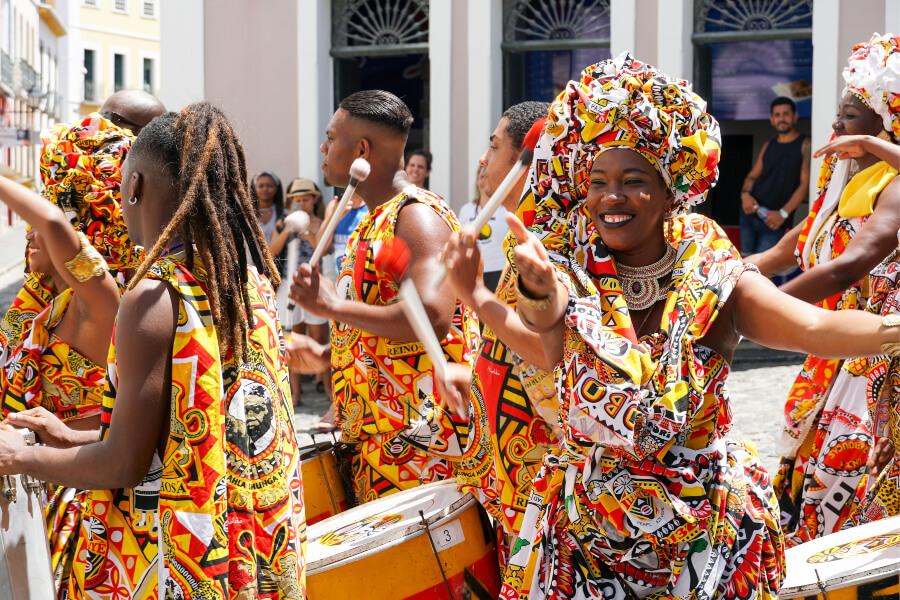 Parade with traditional African costumes at Salvador Bahia&rsquo;s Carnaval