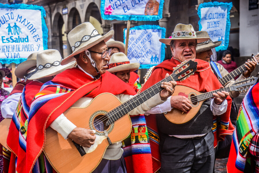 Musicians in traditional dress bring the Inti Raymi festival to life with music and dance in Cusco