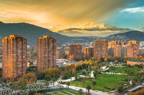 A view of John Paul II Park in the Las Condes district and the footbridge connecting to Araucano park in Santiago, Chile.