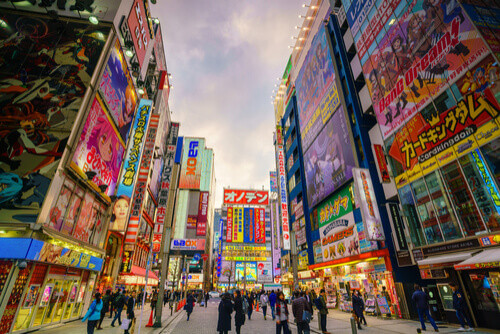 A busy street in Akihabara, Tokyo, Japan.