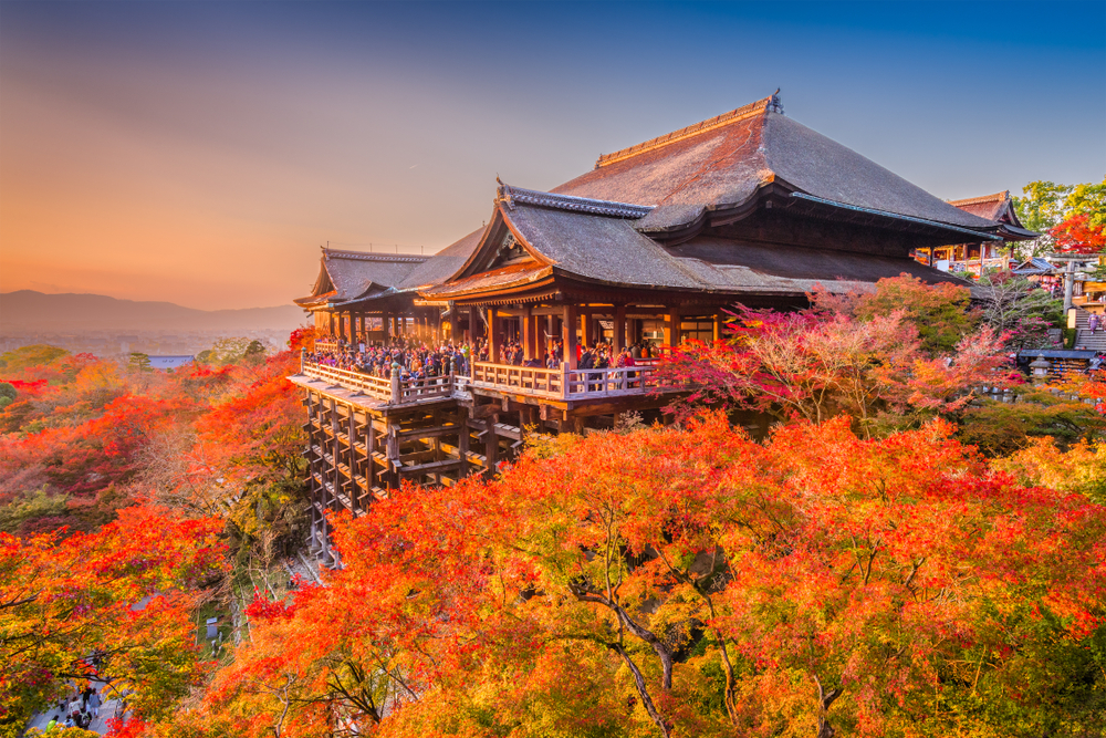 View of Kiyomizudera Temple surrounded by forest on Mt Otowa in Kyoto