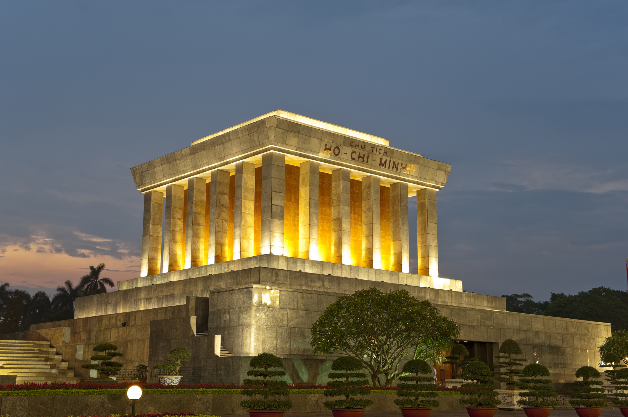 The Ho Chi Minh Mausoleum shines brightly at night in Hanoi, standing as a reminder of its revolutionary leader