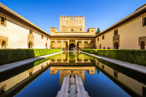 Inside the architectural complex of the Generalife Gardens in Granada, Spain.