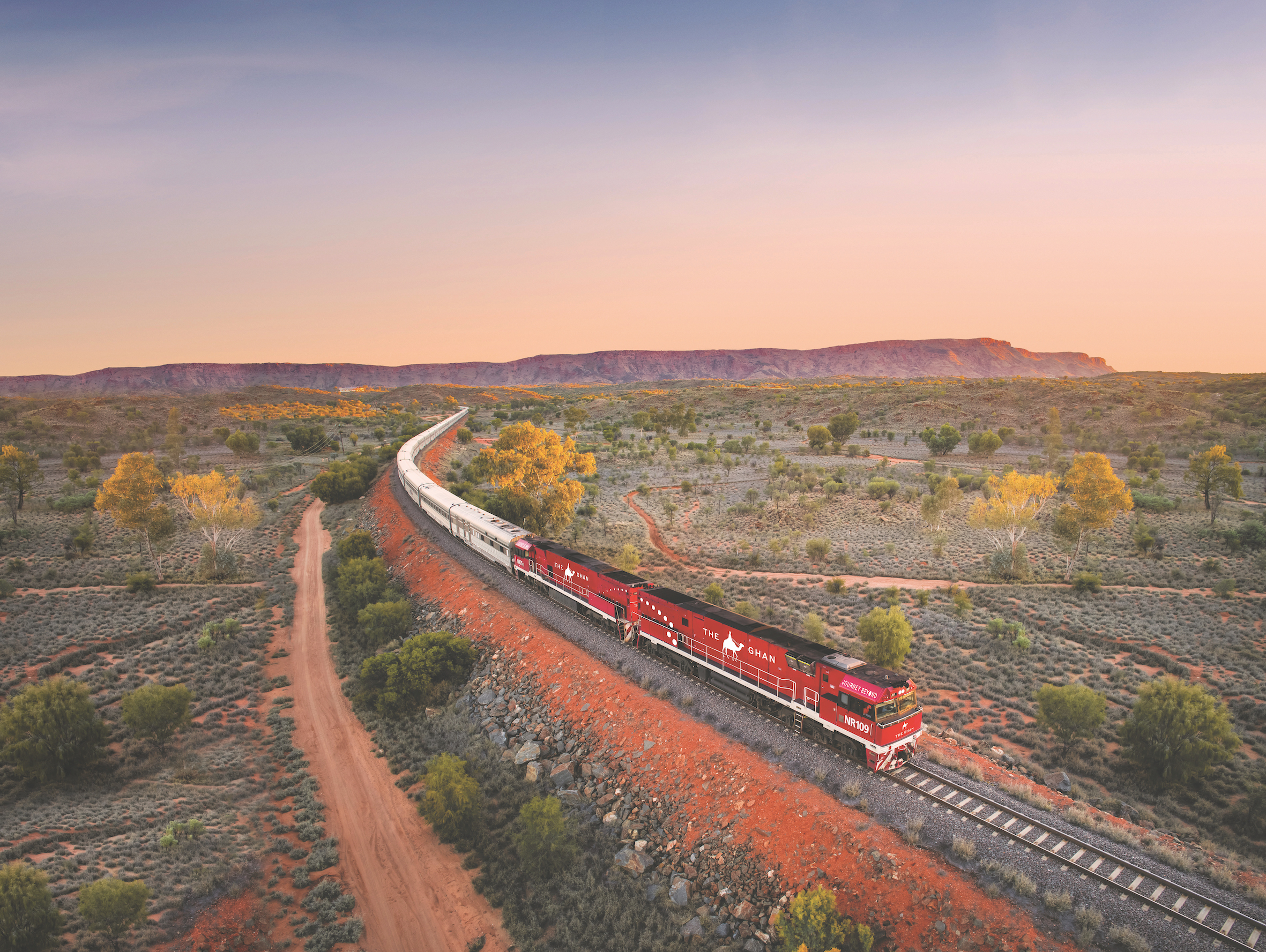 The Ghan is a grand, iconic journey through the rugged Outback&mdash;a true highlight of The Ghan experience (Photo: Journey Beyond)