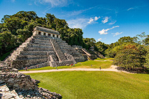 Pyramids and ancient buildings at the archaeological site of Palenque.