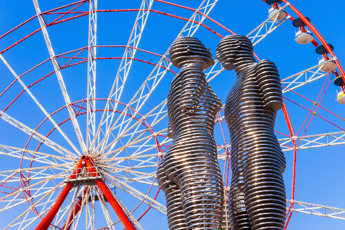 Moving metal sculpture called Ali and Nino formerly known as Man and Woman by Tamara Kvesitadze.