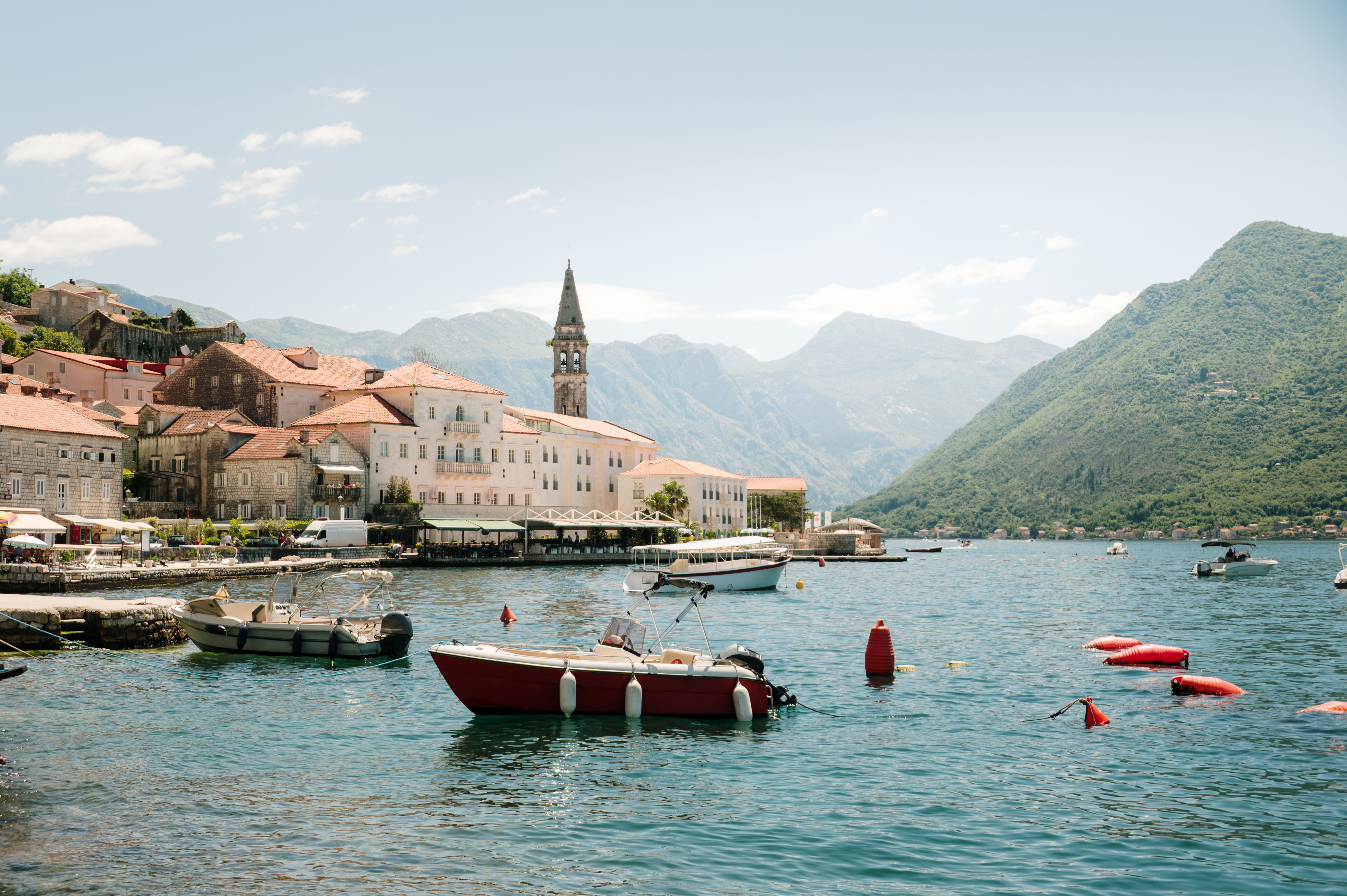 Coastal town of Perast with calm bay views and historic buildings in Montenegro