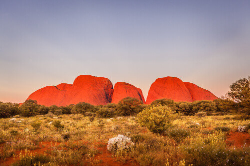 Kata Tjuta at sunset on a clear winter day in the Uluru-Kata Tjuta National Park.