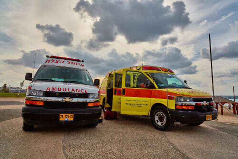 Israeli ambulances parked at the city promenade in Tel Aviv, Israel.