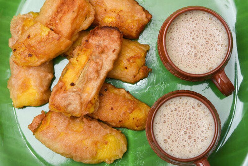 Tasty pazham pori and tea makes for a great breakfast in India.