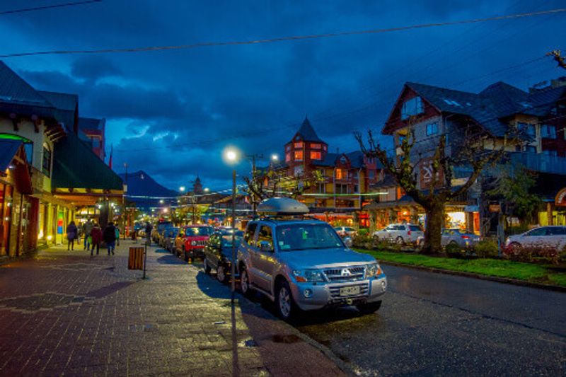 A glimmering night view of the City of Pucon in Chile.