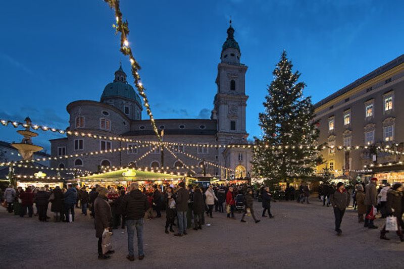 Christmas Market at the Residenzplatz Square close to Salzburg Cathedral.