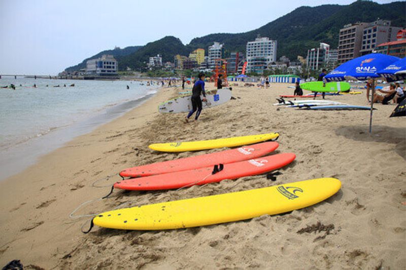 Songjeong beach surfers near the Haeundae Beach in Busan, South Korea.