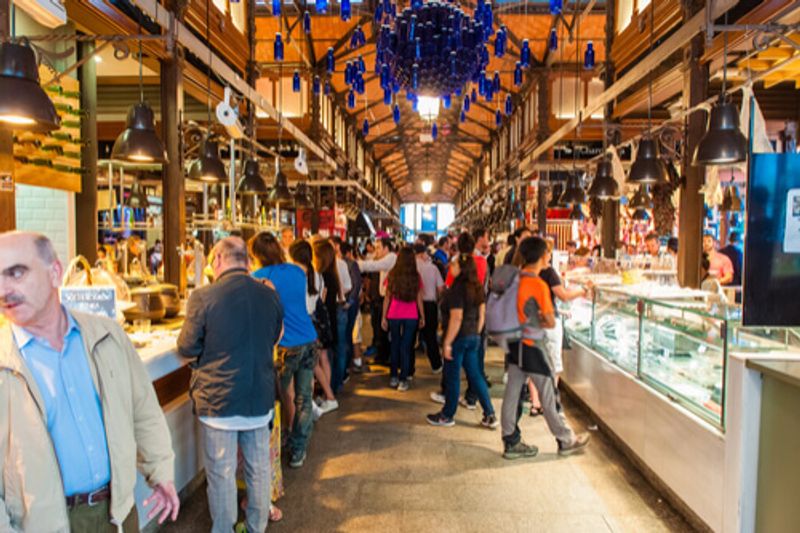 A busy night market in Madrid, Spain.