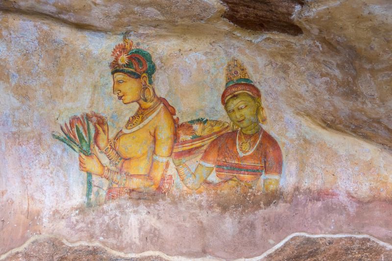 Ancient frescoes at Sigiriya Lion Rock Fortress in Sri Lanka.