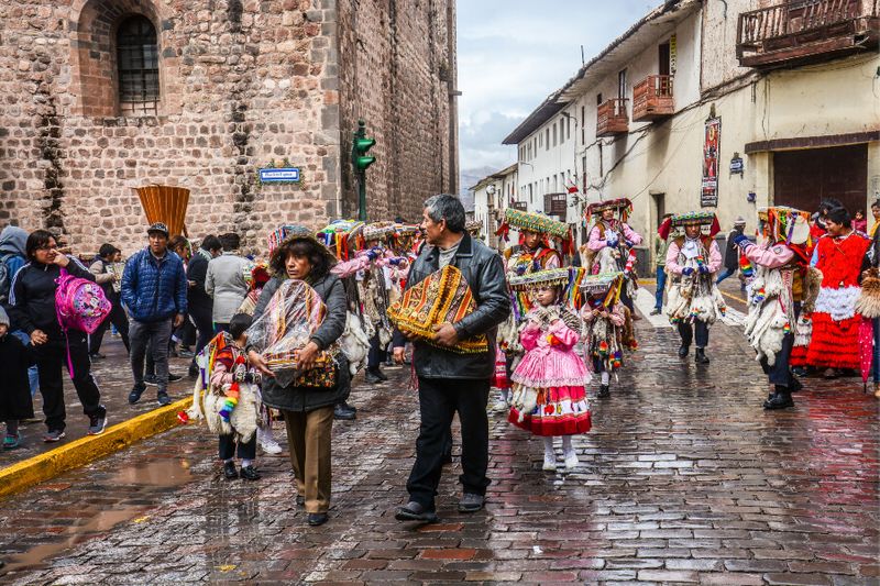 Rainy day celebration for the Inti Raymi Festival in Cusco.