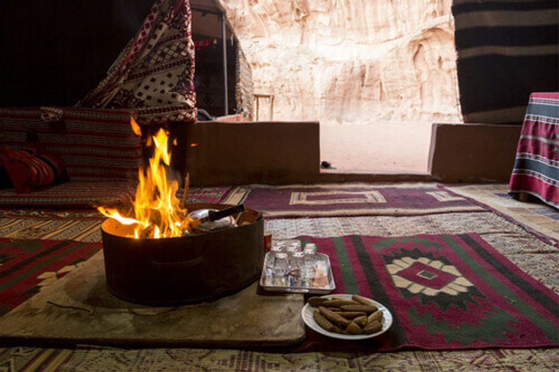 Campfire in a bedouin tent in the Wadi rum desert, Jordan.