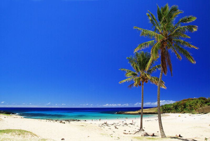 A picturesque white sand beach in Easter Island, Chile.