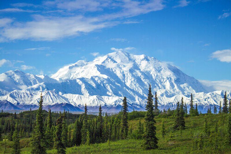 The early morning view of Mount Denali, the tallest peak in continental North America.