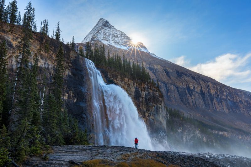 A tourist taking photos of the Emperor Falls and Mount Robson on the Berg Hiking Trail.