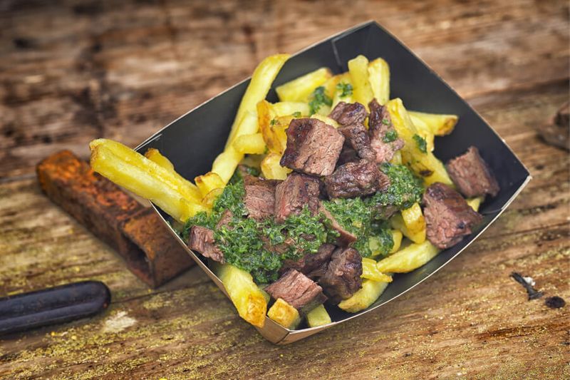 Closeup on Shredded beef with french fries