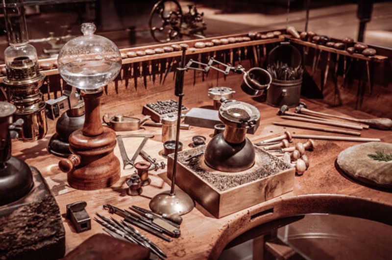 Old vintage wooden clockmaker table at the International Clock Making Museum of La Chaux de Fonds in Neuchatel, Switzerland.