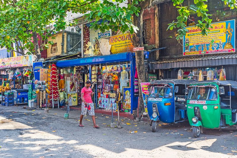 Sea street in Sri Lanka is occupied with old stalls of the Pettah Market.