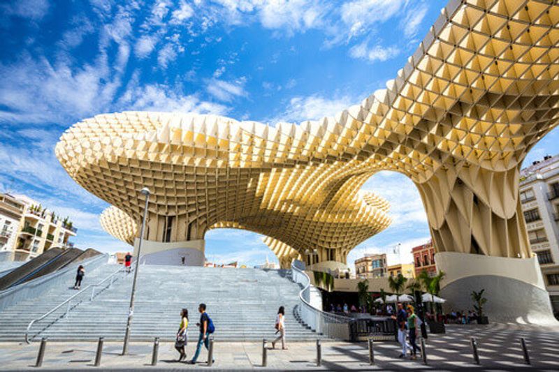 Metropol Parasol is the stunning modern architecture on the Plaza de la Encarnacion in Seville, Spain.