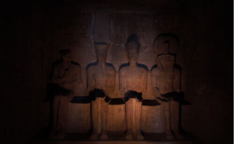 Carved statues inside the great temple of Ramses II in Abu Simbel, Egypt.