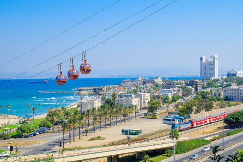 View of the bay, downtown and the cable car in Haifa, Israel.