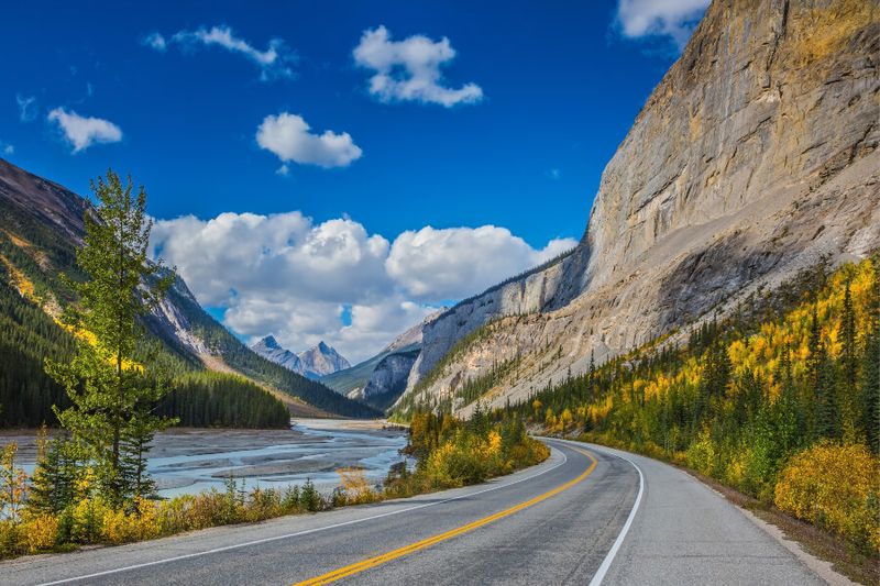 The Bow River Canyon with a highway that stretches from Banff