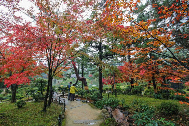 The Shukkeien Japanese Garden Park in autumn with maple leaves at Hiroshima, Japan.
