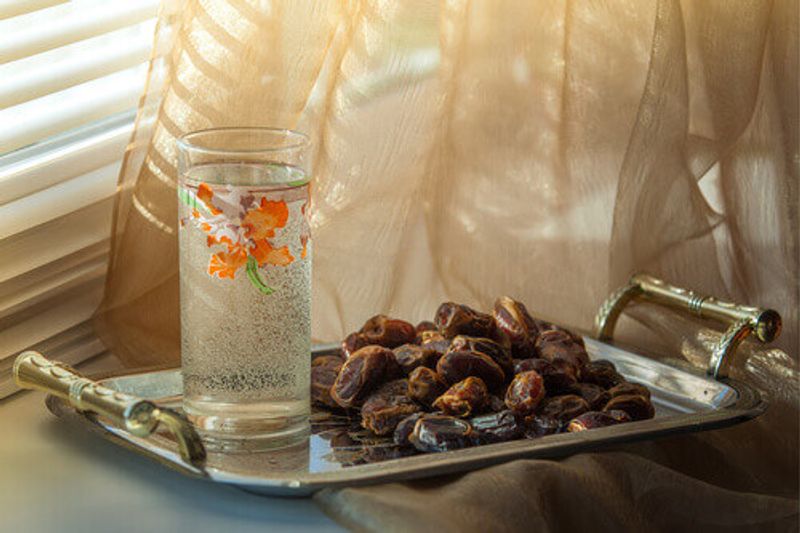 Dates and water are served to break the fast during Ramadan.