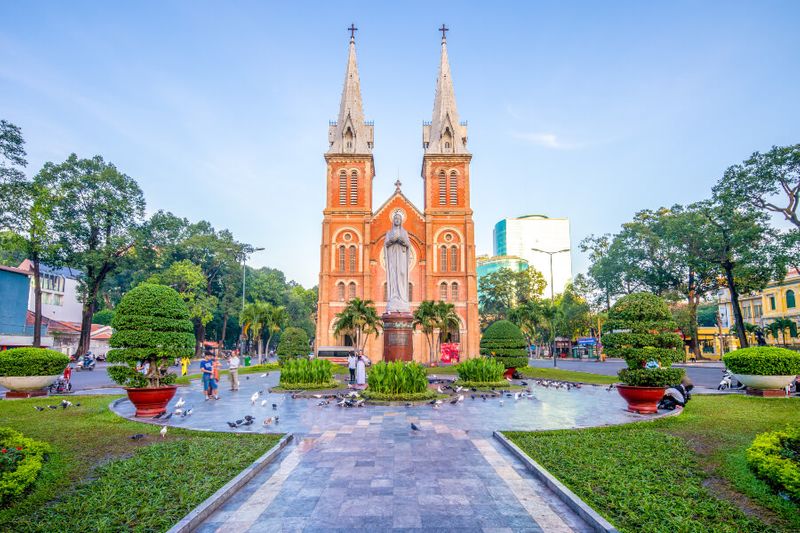 The picturesque Notre-Dame Cathedral is frequented by locals and visitors to Ho Chi Minh City.