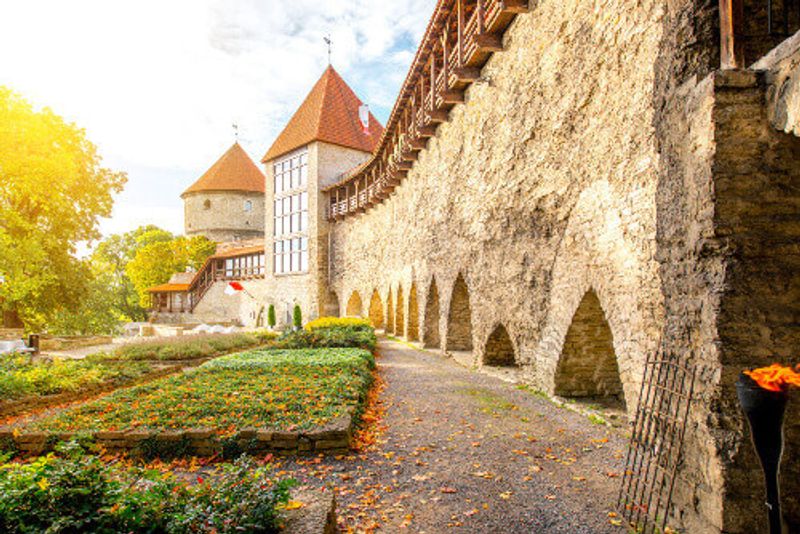 The castle wall with towers on Toompea Hill in the old town of Talinn.