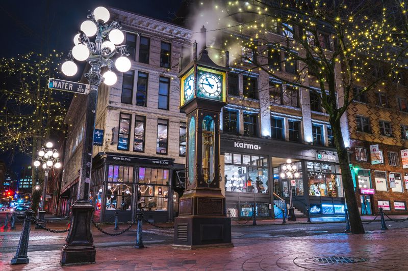 Midnight looms over the empty streets with the Gastown Steam Clock in the background.