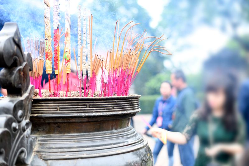 Incense burning at the Hùng Kings Temple complex, part of annual ancestral worship ceremonies in Phú Thọ province.