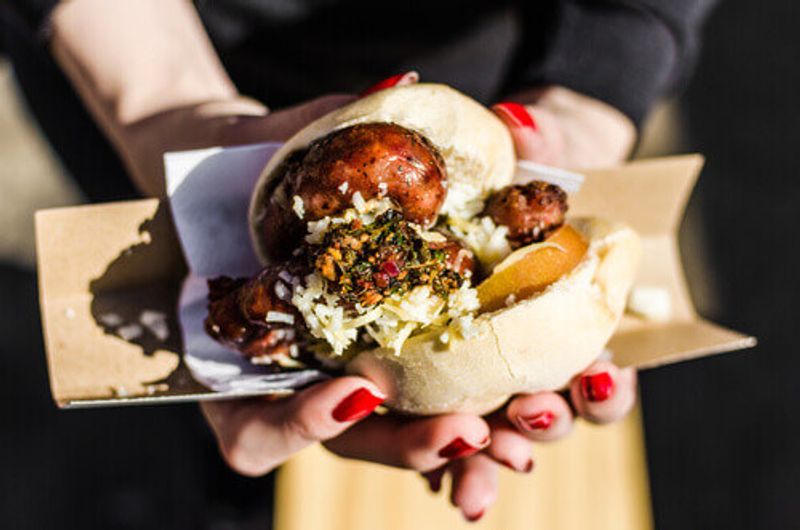 A traditional choripan sandwich in Buenos Aires, Argentina.