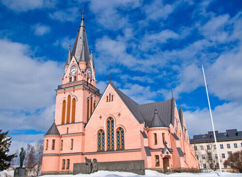A front view of the famous Pink Church in Kemi, Finland.