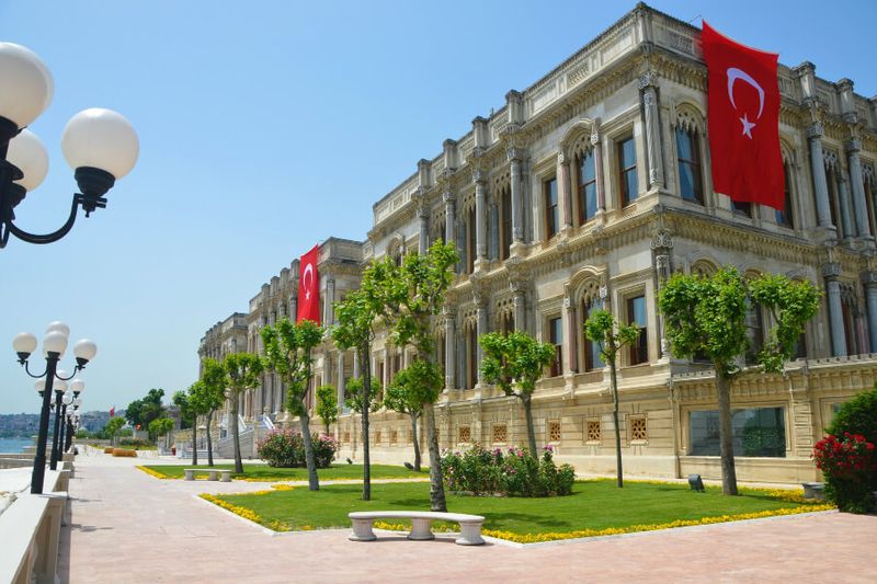 The exterier view of the expansive Ciragan Palace, a historic former Ottoman Palace now converted into a hotel.