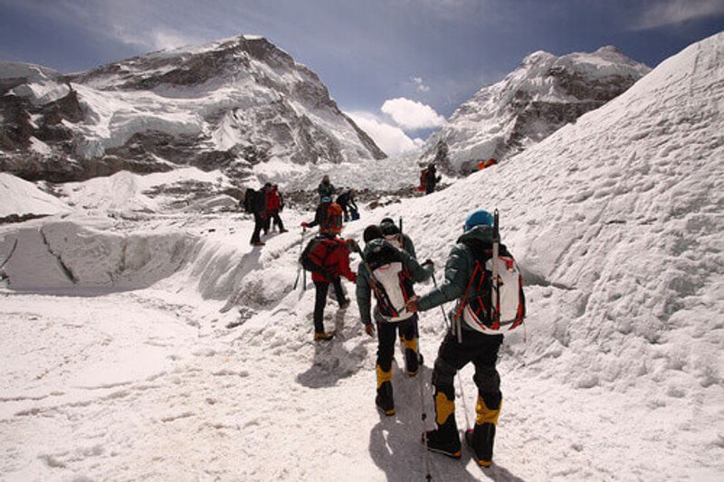 Climbers trekking to the Khumbu Glacier for training in Nepal.