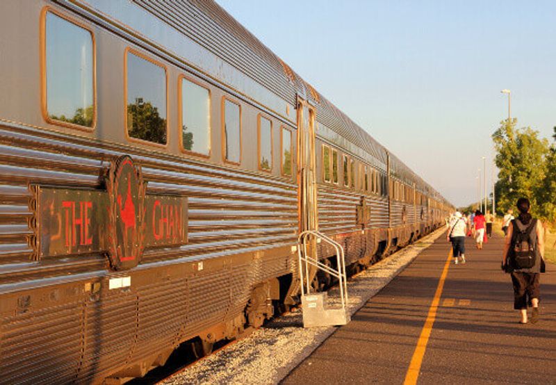 Locals and tourist's depart in The Ghan passenger train in Katherine.