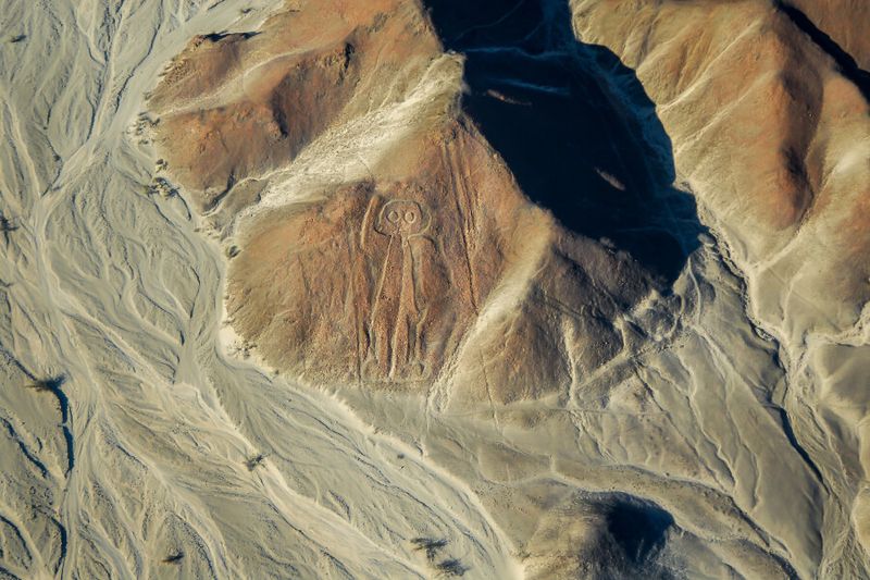 Aerial view of the Astronaut geoglyph at the Nazca Lines.