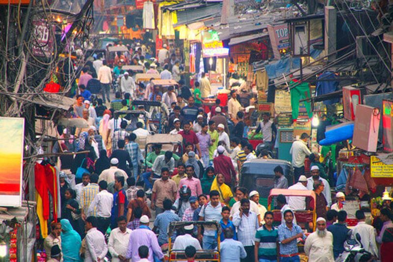 Crowds browse through stalls in the Chawri Bazar of Delhi, India.