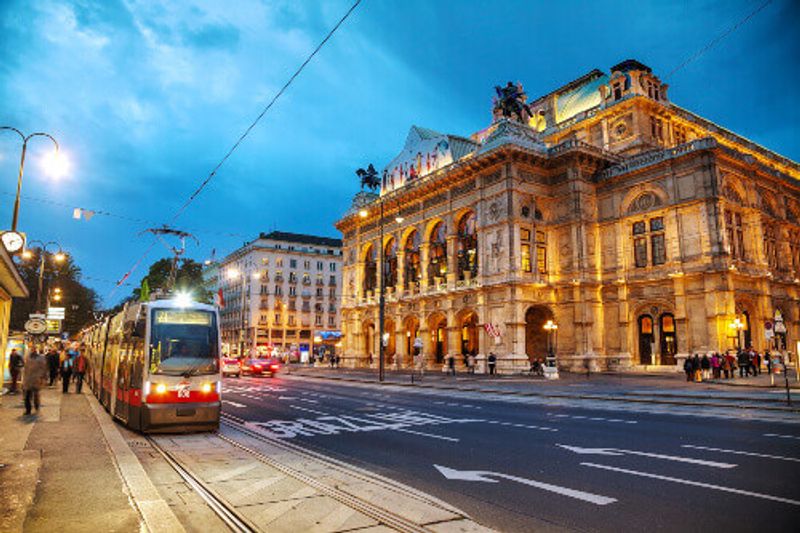 The Vienna State Opera at night.