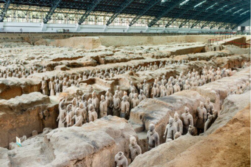 An overview of the Terracotta Army in Xi'an, China.