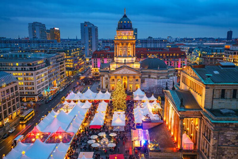 Beautifully lit Gendarmenmarkt during Christmas season in Berlin.