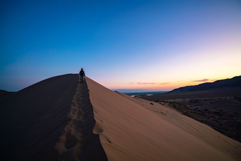 Sunset over the sand dunes in Altyn Emel National Park