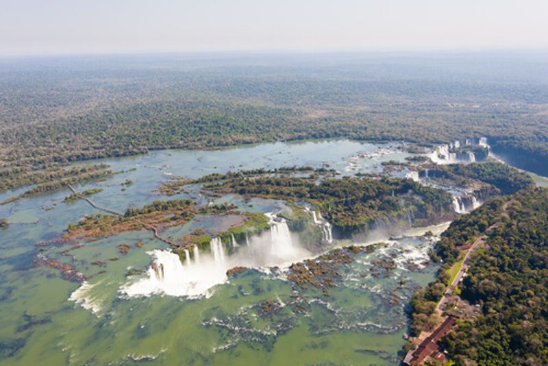 An aerial view of Iguazu Falls showcases the natural beauty of Argentina.
